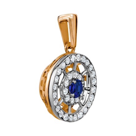 Pendant Featuring Sapphire and 34 Diamonds. Tested 585 (14K) Rose and White Gold. View 2