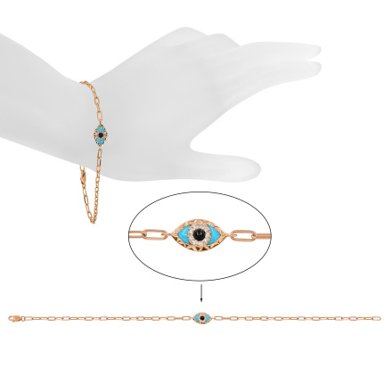 Evil Eye Paperclip-link Bracelet of 14K Rose Gold. Diamonds, Turquoise and Black Onyx