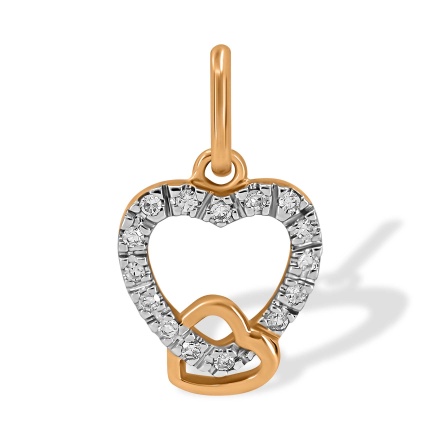 Pendant of Two Intertwined Hearts. Hypoallergenic 585 Rose Gold, Rhodium, Diamonds