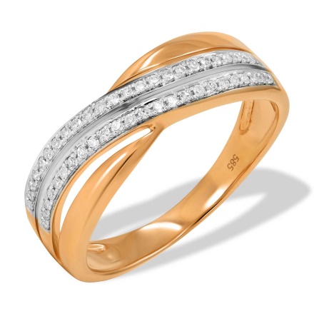 Breathtaking Wavy Ring with Diamonds. Hypoallergenic 585 Rose Gold, Rhodium Detailing