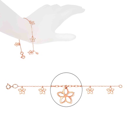 Wrist/Ankle Bracelet with Flower Charms. Certified 585 (14kt) Rose Gold