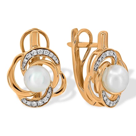 Earrings with 6.5mm Cultured Pearl and 32 Diamonds. Hypoallergenic 585 Rose Gold, Rhodium Detailing
