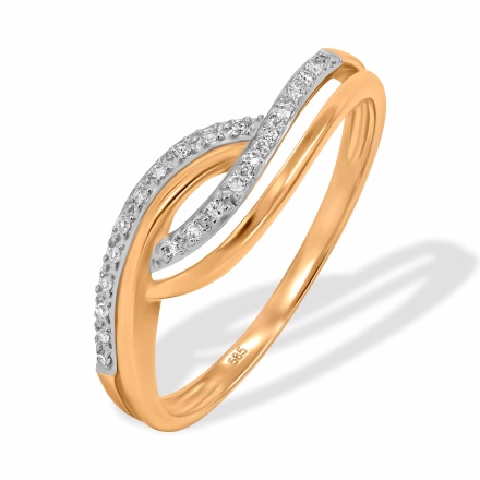 Openwork Wavy Ring Featuring 22 Diamonds. Hypoallergenic 585 Rose Gold, Rhodium Detailing