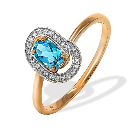 Pure Classic Ring with Blue Topaz and Diamonds. Hypoallergenic 585 Rose Gold, Rhodium Detailing
