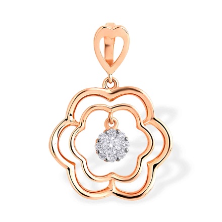 Diamond Pendant with Botanical Motifs. Certified 585 (14kt) Rose Gold, Rhodium Detailing