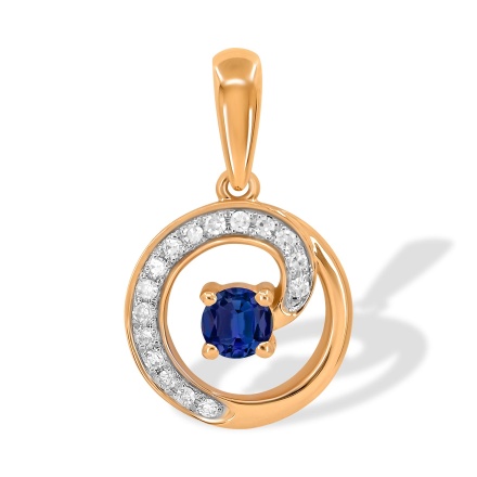 Circle Pendant with Diamond and Sapphire Tendril. Hypoallergenic Cadmium-free 585 (14K) Rose Gold