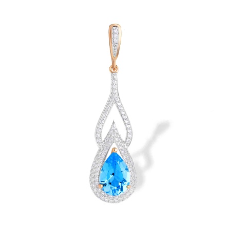 Teardrop Blue Topaz and 120 CZs Pendant. Certified 585 (14kt) Rose Gold, Rhodium Detailing