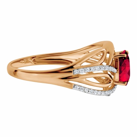 Ring with Hot Ruby and 45 Diamonds. Hypoallergenic 585 Rose Gold, Rhodium Detailing. View 3