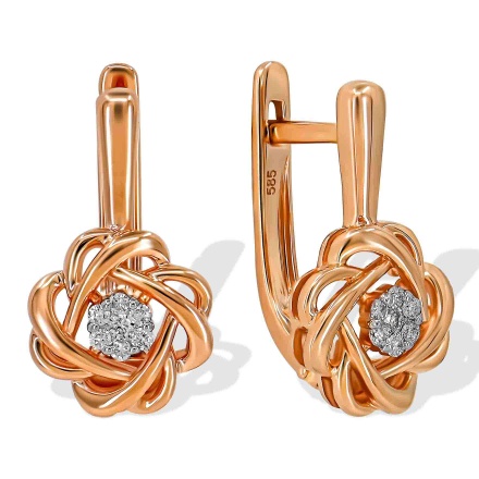 Intertwined Earrings with Diamond Clusters. Hypoallergenic 585 Rose Gold, Rhodium Detailing