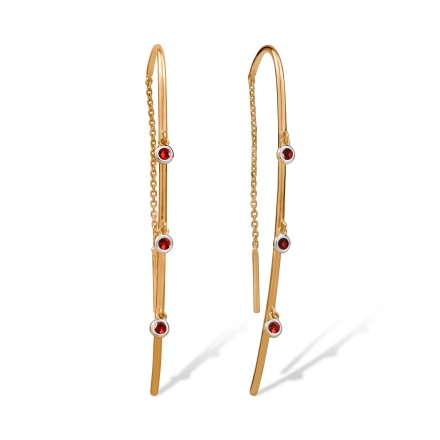 Threader Earrings with Hanging Garnets. Hypoallergenic 585 Rose Gold, Rhodium Detailing