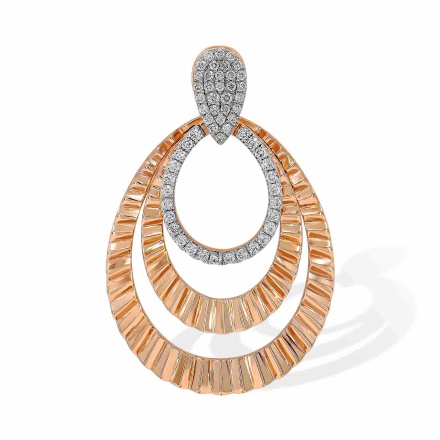 Corrugated Movable Pendant with 57 Pave Diamonds. Hypoallergenic 585 Rose Gold, Rhodium Detailing