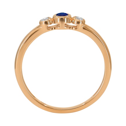 Three Stone Ring: Center Sapphire, Side Diamonds. Hypoallergenic Cadmium-free 585 (14K) Rose Gold. View 4