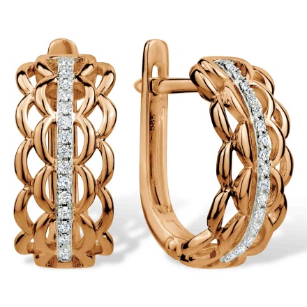 Woven Design Gold Earrings Featuring 32 Diamonds. Hypoallergenic 585 Rose Gold, Rhodium Detailing
