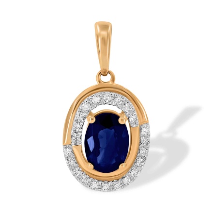 Pendant with 7x5 Oval Sapphire and 22 Diamonds. Hypoallergenic 585 Rose Gold, Rhodium Detailing