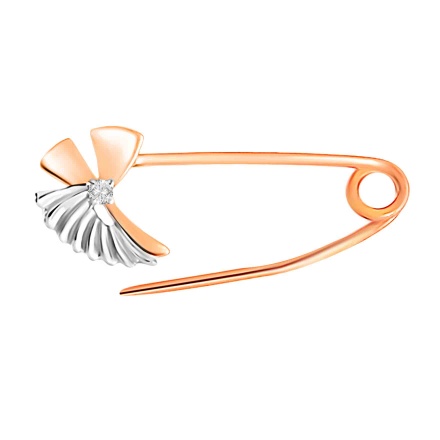 'Good Luck' Safety Pin-Pendant with CZ. Certified 585 (14kt) Rose Gold, Rhodium Detailing