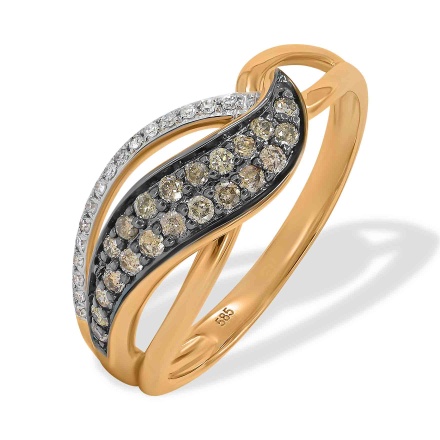 Ring with Champagne Diamonds and White Diamonds. Hypoallergenic 585 Rose Gold, White&Black Rhodium