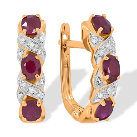 Earrings with 6 Oval-cut Rubies and 20 Diamonds. Hypoallergenic 585 Rose Gold, Rhodium Detailing