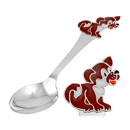 Child Silver Spoon a Brown Puppy and Clock. Antimicrobial 925/999 Silver, Hot Enamel