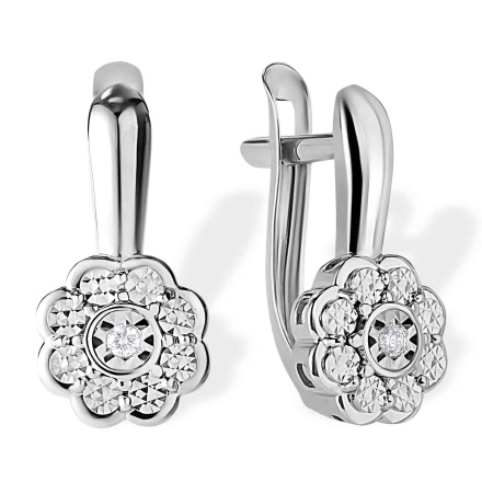 Diamond Floral Leverback Earrings. Certified 585 (14kt) White Gold, Rhodium Finish