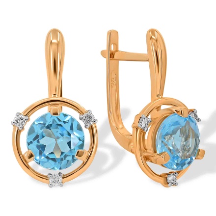 Earrings Featuring 2 Blue Topazes and 6 Diamonds. Hypoallergenic 585 Rose Gold, Rhodium Detailing