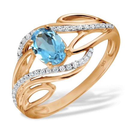 Blue Topaz and Diamond Ring with Artistic Flair. Hypoallergenic 585 Rose Gold, Rhodium Detailing
