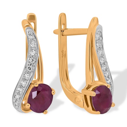 Earrings Featuring 2 Rubies and 20 Diamonds. Hypoallergenic 585 Rose Gold, Rhodium Detailing