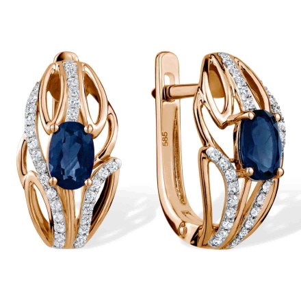 Imaginative Blue Sapphire and Diamond Earrings. Hypoallergenic Cadmium-free 585 (14K) Rose Gold