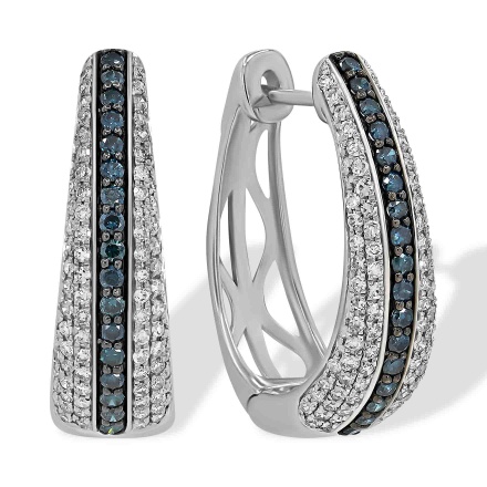 Huggie Earrings with Blue and White Diamonds. 585 (14K) White Gold, Black and White Rhodium
