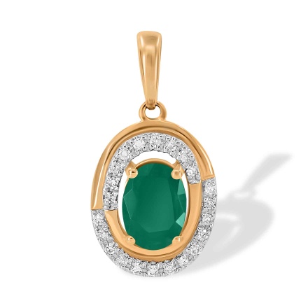 Pendant with 7x5 Oval Emerald and 22 Diamonds. Hypoallergenic 585 Rose Gold, Rhodium Detailing