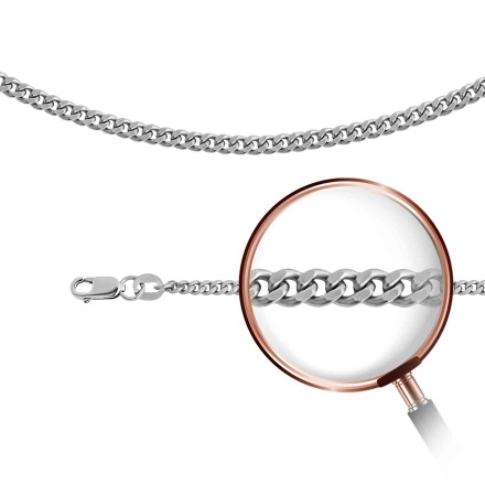 Single Curb-link Solid Chain, Width 2.7mm. Hypoallergenic Certified 925 Silver, Rhodium