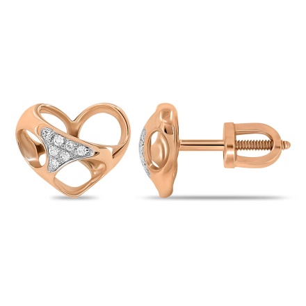 Diamond Stud Earrings 'Sweet Hearts'. Hypoallergenic 585 (14K) Rose Gold, Screw Backs