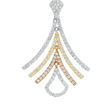 Tri-color Gold Dangle Earrings with 250 Diamonds. Enlarged image