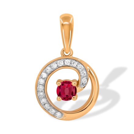 Circle Pendant with Diamond and Ruby Tendril. Hypoallergenic Cadmium-free 585 (14K) Rose Gold