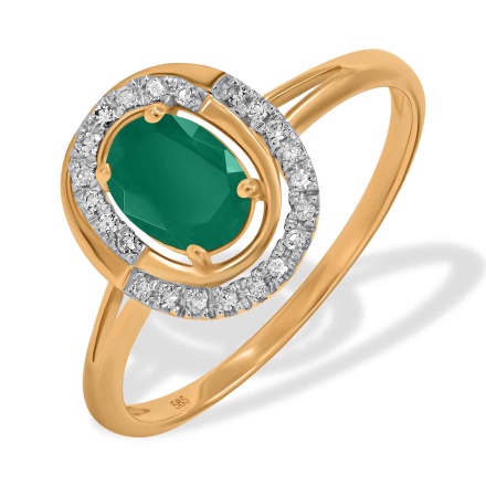 Split Shank Ring with Emerald and 22 Diamonds. Hypoallergenic 585 Rose Gold, Rhodium Detailing