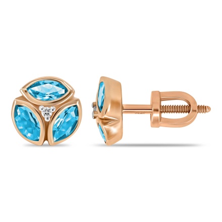 Marquise-shaped Blue Topaz&Round Diamond Studs. Hypoallergenic 585 (14K) Rose Gold, Screw Backs