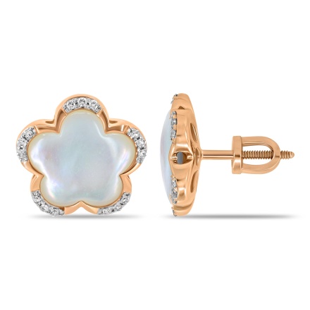 Flora-inspired Rainbow Nacre and Diamond Studs. Hypoallergenic Cadmium-free 585 (14K) Rose Gold
