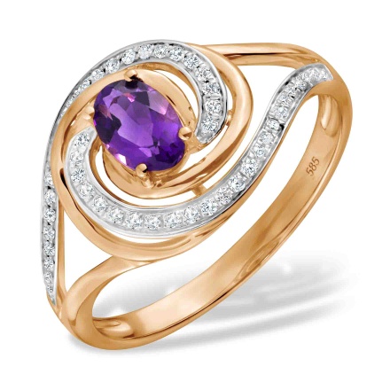 "Fantasy" Amethyst and Diamond Ring. Hypoallergenic 585 Rose Gold, Rhodium Detailing