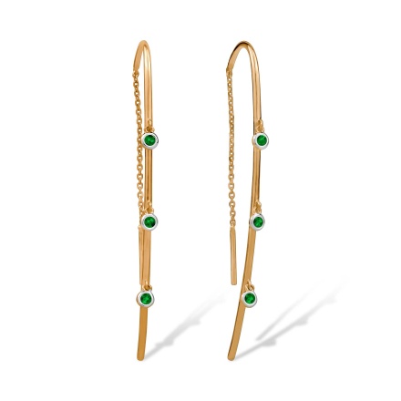 Threader Earrings with Hanging Emeralds. Hypoallergenic 585 Rose Gold, Rhodium Detailing