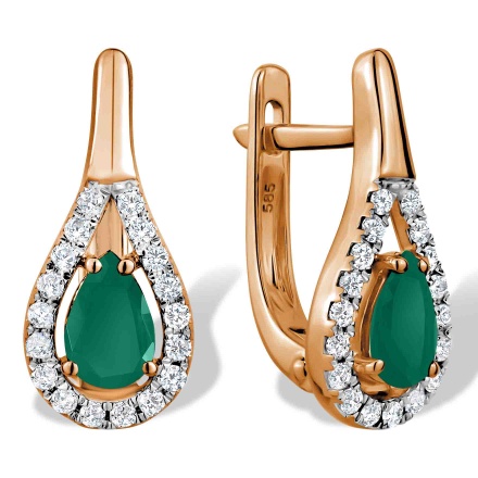 Old World Style Emerald and Diamond Earrings. Hypoallergenic Cadmium-free 585 (14K) Rose Gold