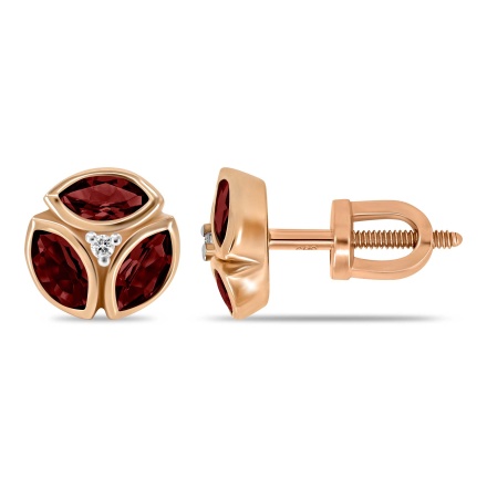Marquise-shaped Garnet and Round Diamond Studs. Hypoallergenic Cadmium-free 585 (14K) Rose Gold
