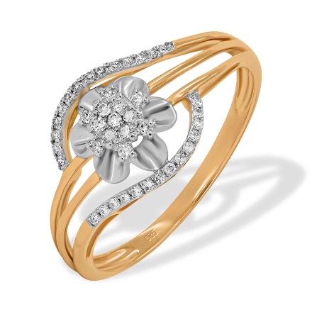 Rosebud Motif Engagement Ring with 41 Diamonds. Tested 585 (14K) Rose and White Gold