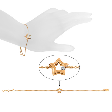 Bracelet Featuring Star Studded with Diamond. Hypoallergenic Cadmium-free 585 (14K) Rose Gold