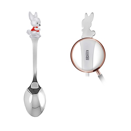 Baby Silver Spoon with a Bunny Wearing a Red Vest. View 2