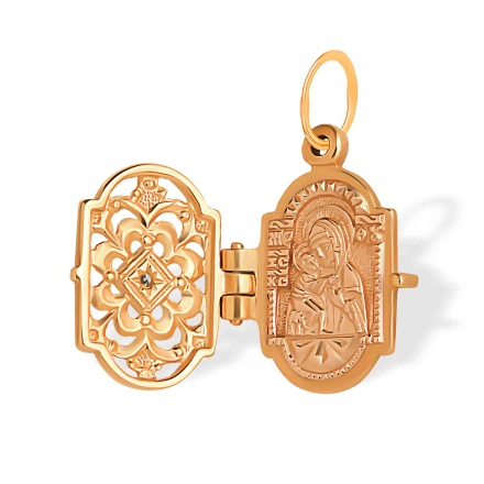 Diamond Gold Locket 'The Holy Virgin Mary-Eleousa'. Hypoallergenic 585 Rose Gold, Rhodium Detailing