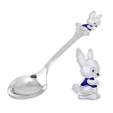 Baby Silver Spoon with a Bunny Wearing a Blue Vest. Antimicrobial 925/999 Silver, Hot Enamel