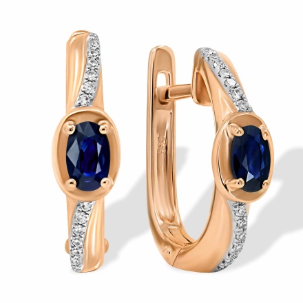 Earrings with Oval Sapphires and Round Diamonds. Hypoallergenic 585 Rose Gold, Rhodium Detailing