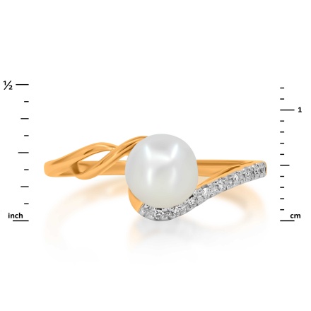 Ring with 7mm Cultured Pearl and 9 Diamonds. Hypoallergenic 585 Rose Gold, Rhodium Detailing. View 2