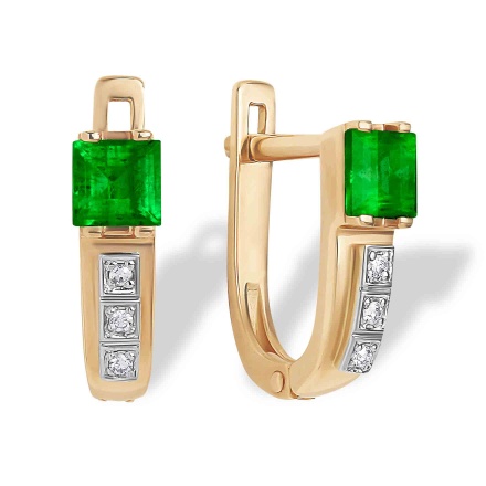 Princess-cut Emerald and Diamond Earrings. Certified 585 (14kt) Rose Gold, Rhodium Detailing