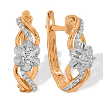 Earrings with Diamond Rosebud and Diamond Sashes. Tested 585 (14K) Rose and White Gold