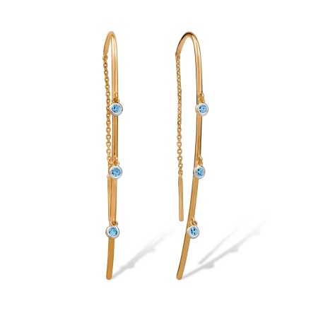 Threader Earrings with Hanging Blue Topazes. Hypoallergenic 585 Rose Gold, Rhodium Detailing